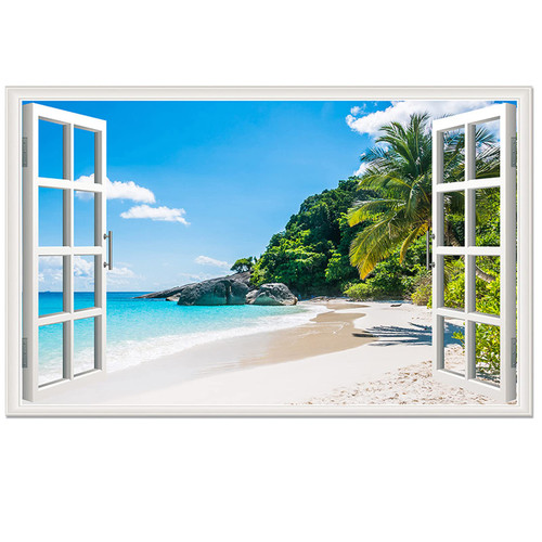 Prabahdak Beach Seascape Fake Windows Wall Sticker Removable Palm Tree Faux Windows Wall Sticker Vinyl Self-Adhesive Beach Landscape Wall Mural Stickers for Bedroom Living Room Decoration