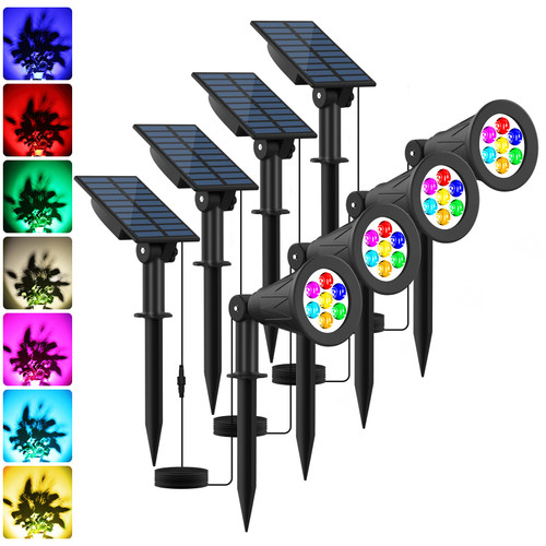 CREPOW RGB Solar Spot Lights Outdoor, Color Changing Solar Landscape Spotlights Waterproof, 180 Angle Adjustable Garden Wall Lights, Auto On/Off for Backyard Pool Pathway Walkway 4 Pack(7 Color)