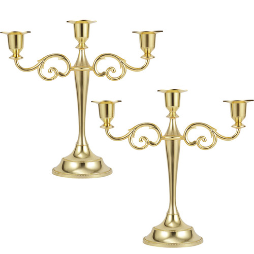 Dyna-Living Candelabra Candle Holder 3-Candle Metal Candelabra Gold Candlestick Stand for Long Candles Wedding Party Anniversary Tall Candle Holder(2pcs)