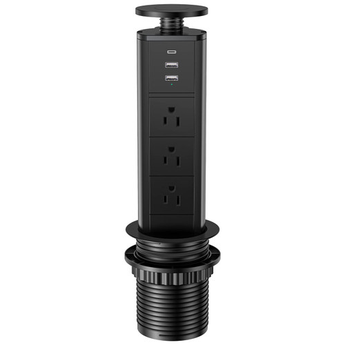 BTU Pop Up Outlet with USB Ports, Pop Up Outlet for Countertop with 3 AC Outlet, 2 USB A Ports and 1 USB C Port Hidden Outlet Plug Pop Up Outlet for Kitchen Countertop Conference Office, Black