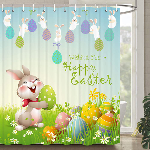 Spring Easter Bunny Shower Curtains for Bathroom Watercolor Floral Cute Rabbits Shower Curtain Easter Bunny with Colorful Eggs in Grass Spring Shower Curtain Set Decor with 12 Hooks 72x72 Inches
