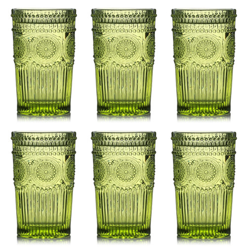 Kingrol 6 Pack 12 oz Vintage Drinking Glasses, Embossed Romantic Water Glassware, Glass Tumbler Set for Juice, Beverages, Beer, Cocktail (Green)