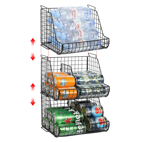 Stacking Can Dispensers 3 Tier with 3 Divider, Large Pantry Can Organizer, Standing Water Bottle Holder, Beverage Drink Pop Soda Can Storage Basket, Canned Food Rack Wire Bins for Kitchen Cabinet