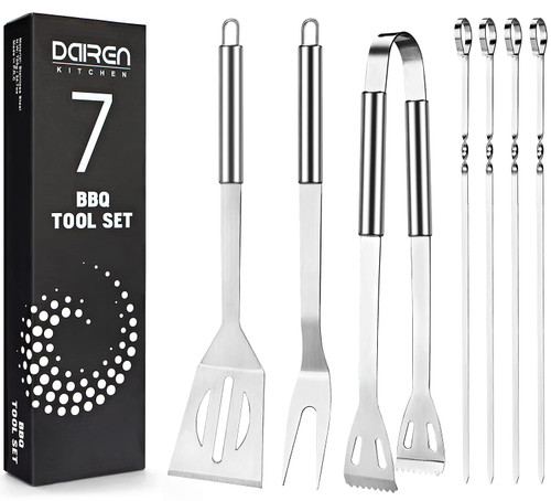 BBQ Tools Grilling Tools Set,Heavy Duty BBQ Grill Utensils Outdoor Accessories with Spatula,Brush & BBQ Tongs,Durable Stainless Steel Barbeque Tool Set Gifts for Dad(Sliver)
