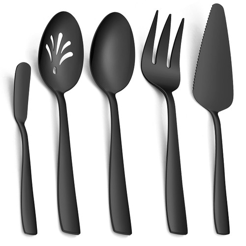 Homikit 5 Pieces Matte Black Serving Utensils Hostess Set, Elegant Stainless Steel Serving Set with Serving Spoons, Serving Slotted Spoons, Serving Fork, Pie Server, Butter Knife, Dishwasher Safe