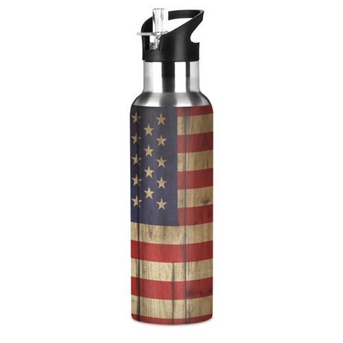 American Flag Wood Water Bottle Vacuum Insulated Stainless Steel Water Bottle with Straw Lid 20oz Water Bolttle for Gym Hiking Camping School Cycling