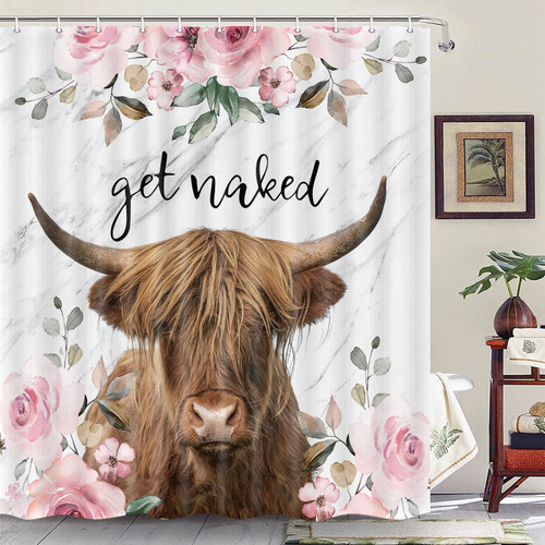 Uokiuki Get Naked Fabric Shower Curtain, Funny Highland Cow and Flowers Shower Curtain for Bathroom, Farmhouse Cute Bathroom Curtain with Hooks 69 x 70 Inch