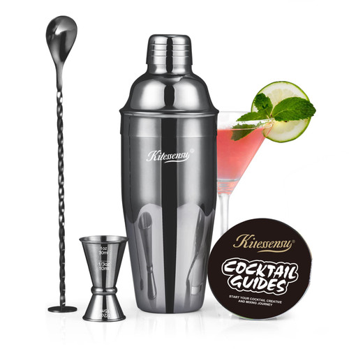 KITESSENSU Cocktail Shaker Set, Stainless Steel Martini Shaker Set with 24 Ounce Cocktail Mixer with Drink Shaker, Measuring Jigger, Bar Spoon & Drink Recipe Guide, Black