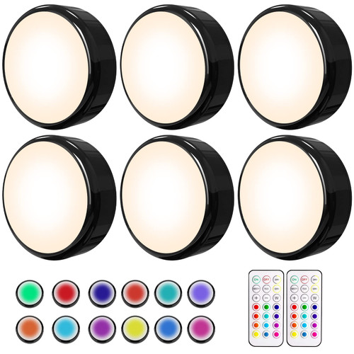HELPLEX Puck Lights, 16 Colors Changeable LED Push Lights Battery Operated New Upgrade Black Dimmable Under Cabinet Lighting Wireless Under Counter Light, with 2 Remote Controls & Timing Function