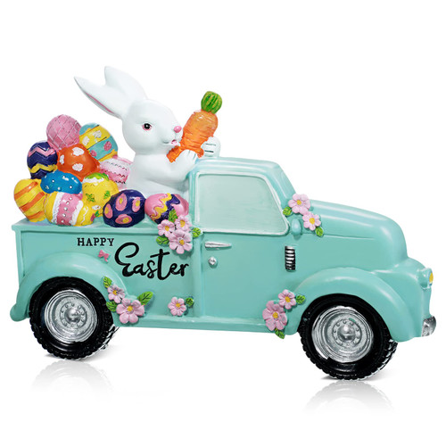 Happy Easter Tabletop Decoration Resin Easter Figurine Spring Decor Easter Bunny Decoration Blue Truck with Egg Bunny Figurines Decor Easter Collectible Figurines for Home Party Table Centerpieces
