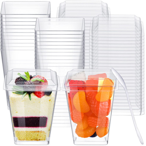 CHENGU 150 Pack 4.5 oz Square Clear Plastic Dessert Cups with Lids and Spoons Parfait Appetizer Cups for Tasting Party Desserts Appetizers Fruit Parfait Mousse Pudding CHENGU 150 Pack 4.5 oz Square Clear Plastic Dessert Cups with Lids and Spoons Parfait Appetizer Cups for Tasting Party Desserts Appetizers Fruit Parfait Mousse Pudding