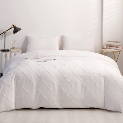 yundo Duvet Cover King Size - King Duvet Cover Set, 3 Pieces Tufted Comforter Cover Set and Embroidery Shabby Chic Home King Jacquard Satin Duvet Covers (White, King)