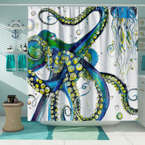 DESIHOM Cool Octopus Shower Curtains for Bathroom Green Ocean Nautical Kraken Shower Curtain Funny Octopus Bathroom Decor Polyester Fabric-72" x 72"