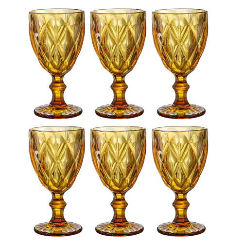 Heng River Colored Wine Glasses, Water Glass Goblets, Glass Drinkware Sets, Vintage Water Glass Cups, Embossed Drinking Glasses, Stemmed Glassware, 11 OZ, Set of 6 (amber)