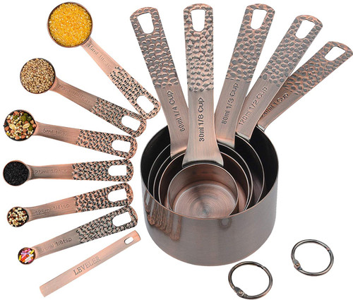 Measuring Cups and Spoons, Copper Measuring Cups and Spoons set, Stainless Steel Copper Plated 14 Piece Set of 5 Copper Measuring Cups and 6 Copper Measuring Spoons,1Leveler and 2Rings, Kitchen Tool