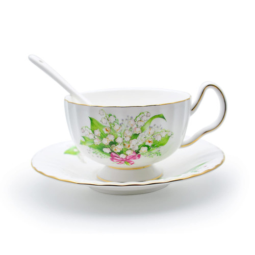 Lily of the Valley Bone China Coffee Cup Set, Tea cup and saucer set with spoon, Latte Cup, Ceramic Black Tea, Scented Tea Cup and Saucer Set