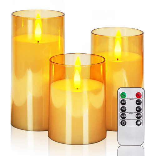 Raycare Battery Operated Flameless Candles, 3Pack LED Flickering Flameless Candles with Remote and Timer, 10-Key Remote Control Flameless Fake Pillar Candles for Home Wedding Party Decor (Gold)