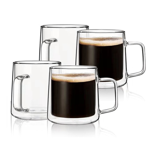 CNGLASS 10oz Glass Coffee Mugs,Double Wall Insulated Glass Mugs with Handle,Clear Espresso Mugs for Latte,Cappuccino,Tea Bag,Set of 4