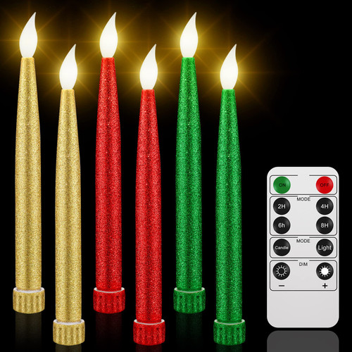 Tuanse 6Pcs Flickering Taper Candles Gold Flameless Taper Candles LED Glitter Taper Candles Battery Powered Candles Electric Candles with Remote and Timer for Wedding Home Decor (Gold, Red, Green)