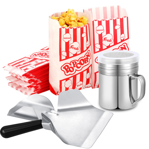 202 Pcs Popcorn Machine Supplies Set, Kernel Sifting Speed Scoop, Stainless Steel Seasoning Dredge with Handle, 200 Pcs Popcorn Bags Bundle for Home Kitchen Theater Movie Tools Supplies (1 Oz)