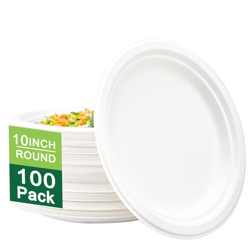 I00000 Heavy Duty 100% Compostable 10 Inch Paper Plates, 100 Pack Disposable Plates Bagasse Plates Biodegradable Eco-Friendly Natural White Sugarcane Paper Plates Microwaveable Plate for Party, Picnic
