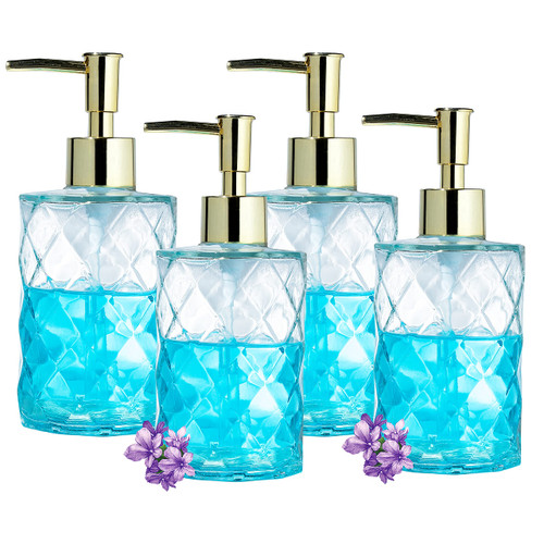 Crocon 12 Oz Glass Soap Dispenser, 4 Pack Bathroom Soap Dispenser Set with Stainless Steel Pump, Refillable Liquid Hand Dish Soap Dispenser for Kitchen with 1 Extra Pump Diamond Embossed, Clear