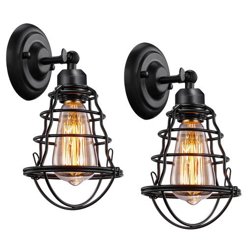 Asnxcju Industrial Wall Sconces Set of Two, Farmhouse Wall Sconce, Vintage Wire Cage Wall Lighting Sconce, Black Wall Lamp Fixture for Bedroom, Headboard, Porch