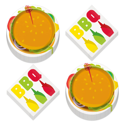 HOME & HOOPLA Classic BBQ Party Burger Paper Dessert Plates and Beverage Napkins For Cookouts and Picnics (Serves 16)