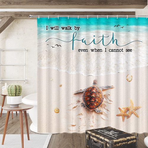 EVRCVAR Sea Turtle Shower Curtain Tropical Beach Summer Ocean Navigation Marine Animals Starfish Seashells Nature Inspirational Quotes Vacation Faith Bathroom Decor 70X70In with Hook