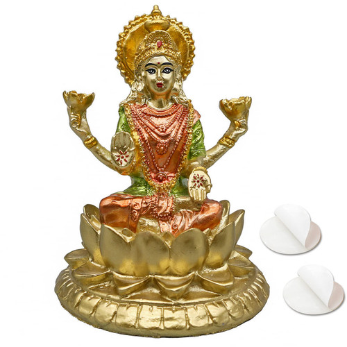 Hindu Goddess Lord Laxmi Statue - 4.6" H Indian God Lakshmi Statues Gold - Lakshmi Figurine Sitting on Lotus Diwali Gifts for Car Home Office Temple Mandir Pooja Item