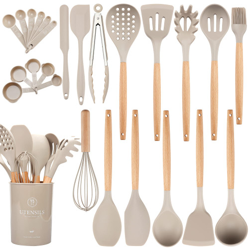 Kitchen Utensils Set, Hvygss 26 pcs Non-stick Silicone Cooking Utensils Set with Holder, Heat Resistance Wooden Handle Silicone Spatula Spoon Brush Whisk Kitchen Gadgets Utensils Set (Khaki)