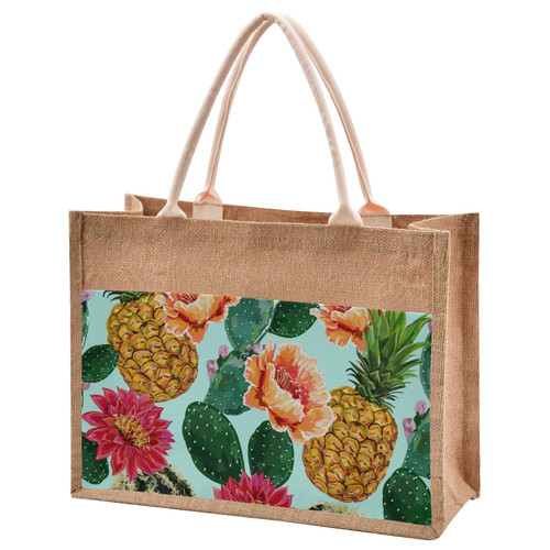 Summer Tropical Pineapple Jute Tote Bag Jute Gift Bags with Handle Burlap Tote Bag with Canvas Pocket Jute Bags Beach Bags