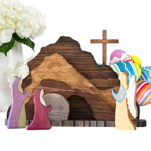 Easter Resurrection Scene Ornament Religious Easter Decorations Wood Christian Empty Tomb Figurines Home Decor Nativity Set Gifts for Kids He is Risen Easter Decor for Christian Home,Office,Table
