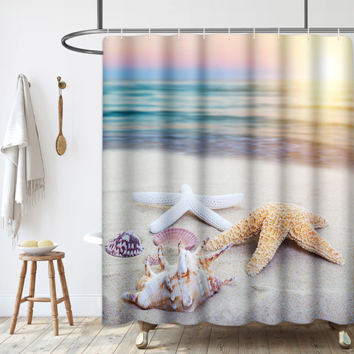 Tayney Beach Shower Curtain 72 x 72 Inch Starfish Seashell Sea Sunset Shower Curtain Summer Ocean Theme Shower Curtain for Bathroom Decor, Polyester Fabric Waterproof with Hooks