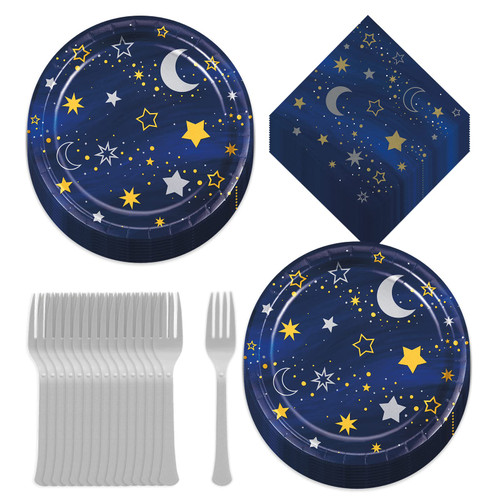 HOME & HOOPLA Starry Night Party - Metallic Twinkle Star and Moon Paper Dessert Plates, Beverage Napkins, and Forks (Serves 16) HOME & HOOPLA Starry Night Party - Metallic Twinkle Star and Moon Paper Dessert Plates, Beverage Napkins, and Forks (Serves 16)