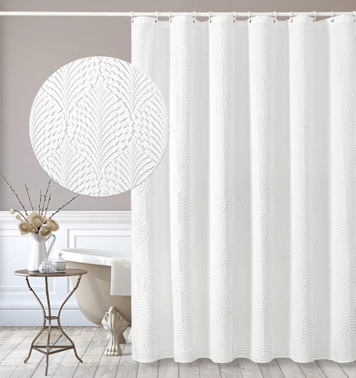 Gibelle Long Shower Curtain 72 x 78, Tall 3D Embossed Textured White Fabric Shower Curtain, Modern Farmhouse Chic Soft Cloth Bathroom Curtains Shower Set with Hooks