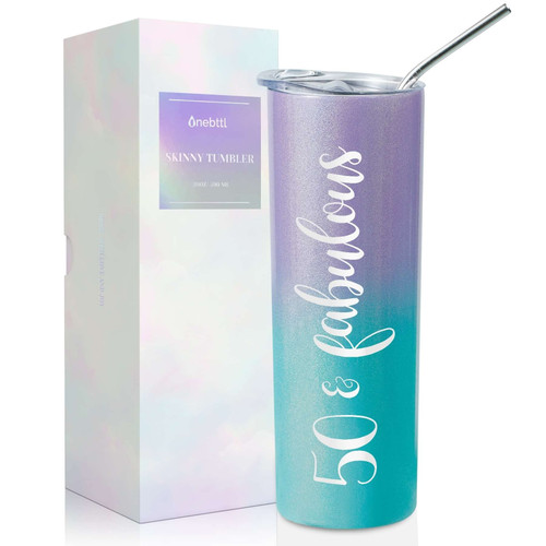 Onebttl 50th Birthday Gifts for Women, Female, Her - 50 and Fabulous - 20oz/590ml Stainless Steel Insulated Tumbler with Straw, Lid, Message Card - (Green Purple)