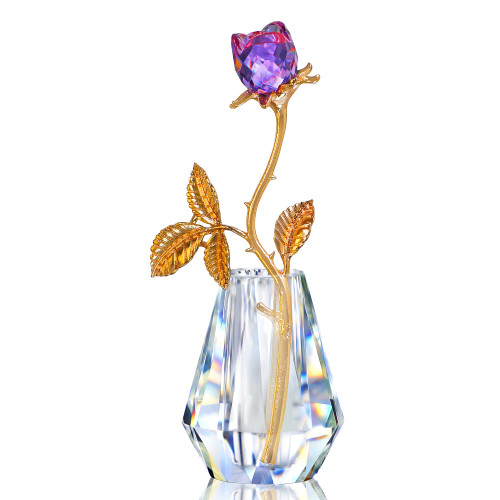 H&D HYALINE & DORA Rose Crystal Ornament Glass Flowers with Gold Stem Collectible Figurine Table Home Decor Wedding Gift, Purple