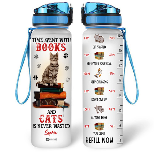 HYTURTLE Personalized Time Spent With Books And Cats Is Never Wasted 32Oz Liter Motivational Water Bottle, Customized Name With Time Marker, Gifts For Women Girls Cat Lover Reading Lover On Birthday