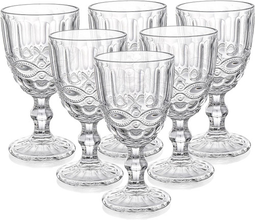 Youeon 6 Pack Wine Glasses Goblets, 10 Oz Clear Water Goblets, Red Wine Glasses Set with Embossed Pattern, Stemmed Glassware Wine Goblet for Party, Wedding, Bar, Restaurant