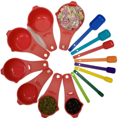 Plastic Measuring Cups and Spoons Set, 15 Pieces Plastic Measuring Cups and Spoons, 7 Plastic Measuring Spoons for Baking and Cooking 7 Measuring Cups with Leveler,Red Color Measuring Cups Set