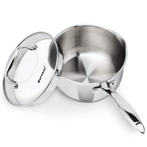 Rorence Stainless Steel Sauce pan: Saucepan with Pour Spouts, Capsule Bottom & Tempered Glass Lid - 2.5 Quart