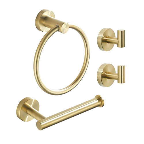WEIKO Gold Bathroom Hardware Set, Brushed Gold Toilet Paper Holder Towel Ring and 2 Robe Hook Bathroom Accessories Hand Towel Holder Kit Wall Mount Stainless Steel, 4 Pieces