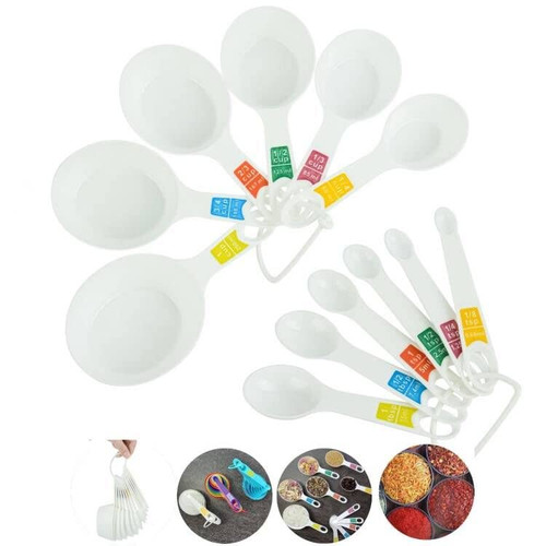 Measuring Cups and Spoons, Plastic Measuring Cups and Spoons Set of 12: 6 Plastic Measuring Cups and 6 Plastic Measuring Spoons, Plastic Measuring Cups Spoon for Kitchen Measuring Tools White Color