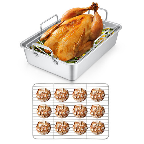 15.3 Inch Roasting Pan with Rack Set of 3(Deep Broiling Pan & V-shaped Rack & Flat Cooling Rack), Herogo Stainless Steel Turkey Roaster Pan for Thanksgiving Christmas, Dishwasher Safe 15.3 Inch Roasting Pan with Rack Set of 3(Deep Broiling Pan & V-shaped Rack & Flat Cooling Rack), Herogo Stainless Steel Turkey Roaster Pan for Thanksgiving Christmas, Dishwasher Safe