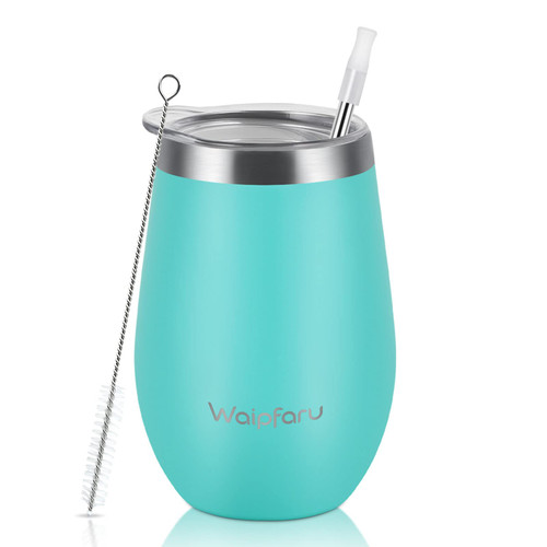 Waipfaru Wine Tumbler, 14 Oz Insulated Wine Tumbler With Lid and Straw, Stainless Steel Stemless Cup, Double Wall Vacuum Wine Tumbler for Wine Coffee Cocktails Champagne (Lake Blue)