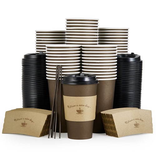 LITOPAK 100 Pack 16 oz Paper Coffee Cups, Brown Disposable Coffee Cups with Lids, Sleeves, Sticks, Drinking Cups for Cold/Hot Coffee, Water or Juice, Hot Paper Cups for Home, Restaurant, and Store.