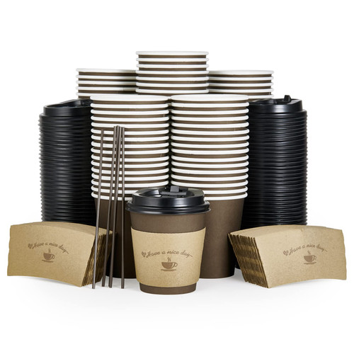 LITOPAK 100 Pack 10 oz Paper Coffee Cups, Brown Disposable Coffee Cups with Lids, Sleeves, Sticks, Drinking Cups for Cold/Hot Coffee, Water or Juice, Hot Paper Cups for Home, Restaurant, and Store.