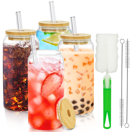 BESTBEL 4 Pack Drinking Glasses with Bamboo Lids and Glass Straws,20 OZ Can Shaped Glass Cups,Beer Can Glass,Ice Coffee Cups,Smoothie Cups,Glass Tumblers,Boba Cups,Soda Can Glass with Lids and Straws