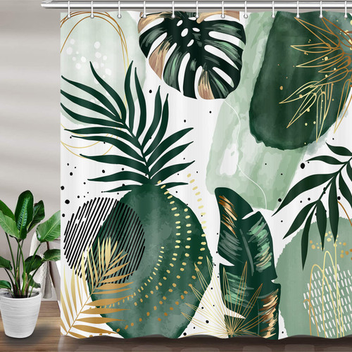 Ptrxobj Green Chic Abstract Tall Shower Curtain Set with Hooks Boho Gold Leaves Tropical Simple Minimalist Fancy Modern Bathroom Bathtubs Art Decor Washable Waterproof Fabric, 69x75 inch Long